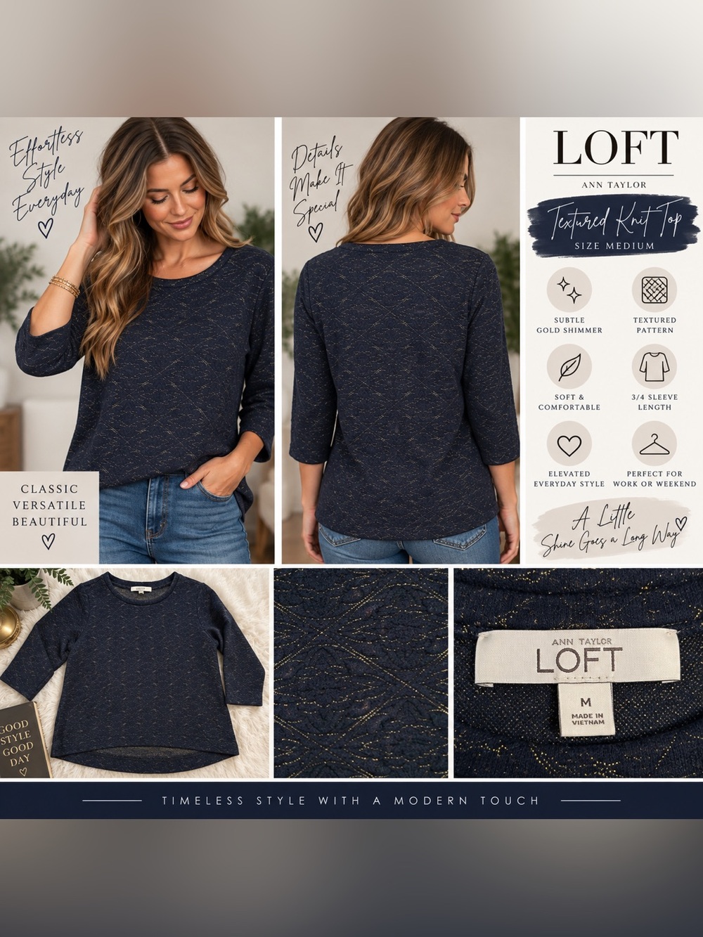 LOFT Navy Blue Long-Sleeve Top with Metallic Thread